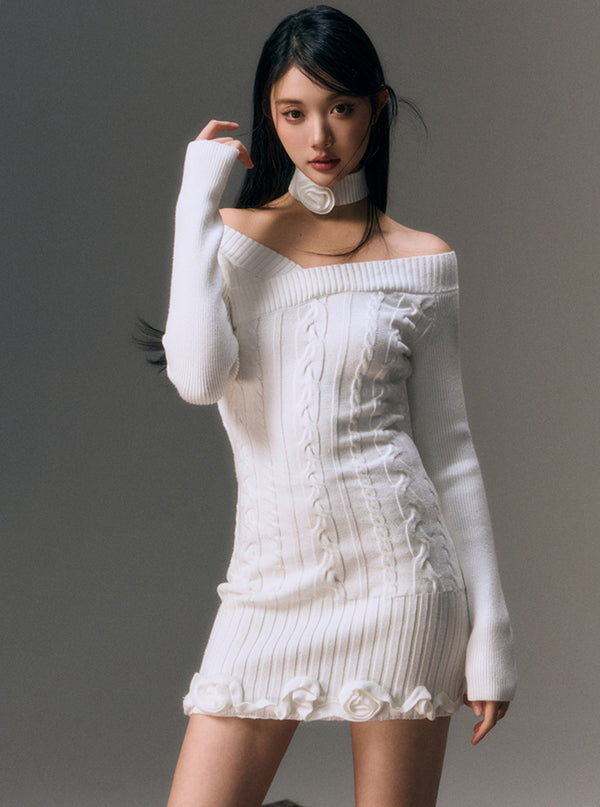 Slim-Fitting Wool Knit Floral Dress