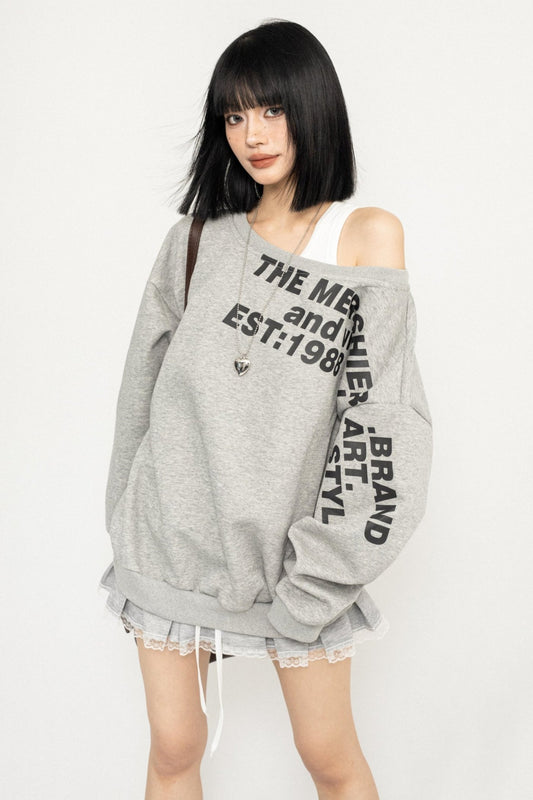 Retro Letter Print Off-Shoulder Sweatshirt