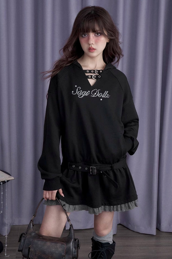 후드가 달린 스트리트 캐주얼 루즈 스웨트셔츠 드레스 