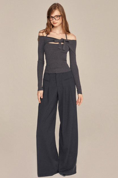 Slim One-Shoulder Bow Knit Top