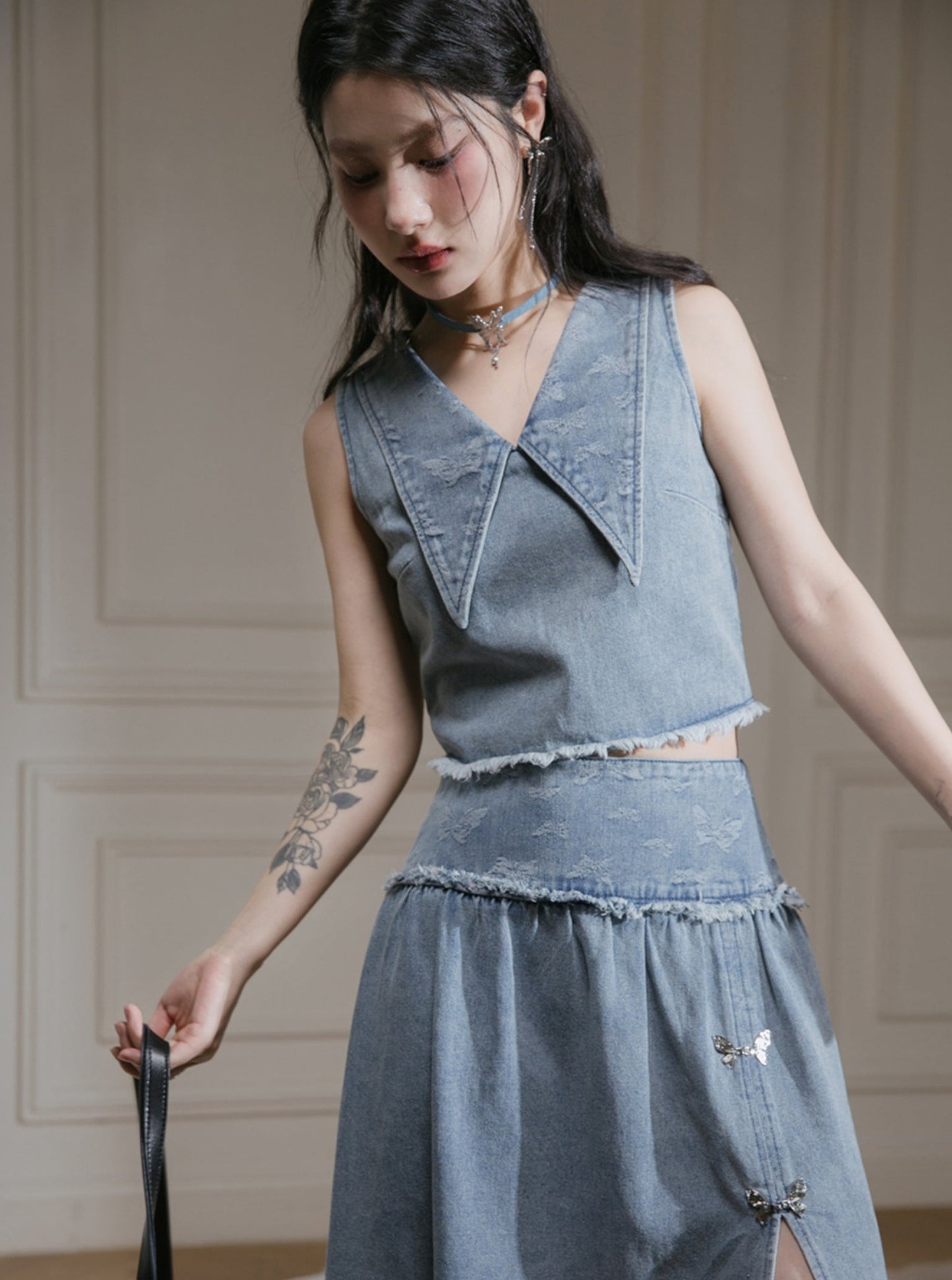 Butterfly Jacquard Denim Top Skirt Set