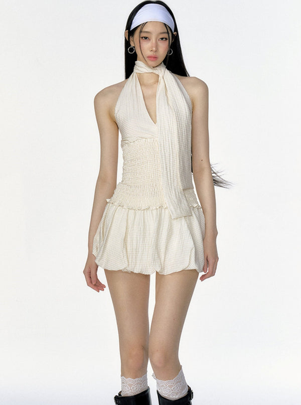 Halterneck Cinched Waist Lantern Skirt Set-Up