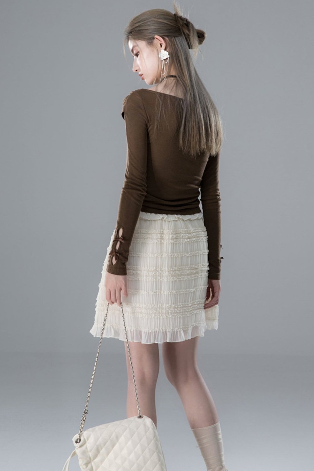 Light Apricot Pleated Layered Skirt