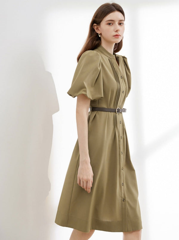 Simple Small V-Neck Puff Sleeve Dress