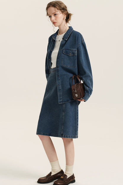 DESIGNER PLUS BLAU DENIM ANZUG FRAUEN HERBST LANGÄRMELIGES HEMD A-LINE ROCK HEMD ZWEITEILIGEN SATZ