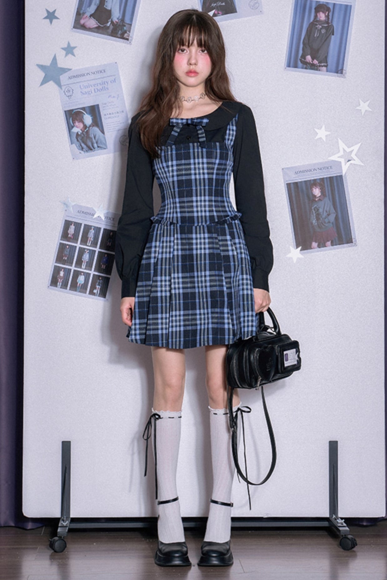 블루와 블랙 체크 가짜 투피스 드레스 