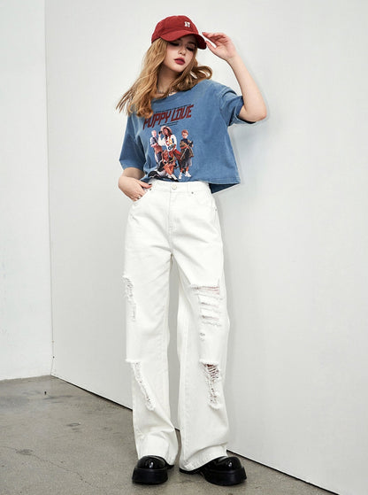 Chic Ripped High-Waist White Denim Pants