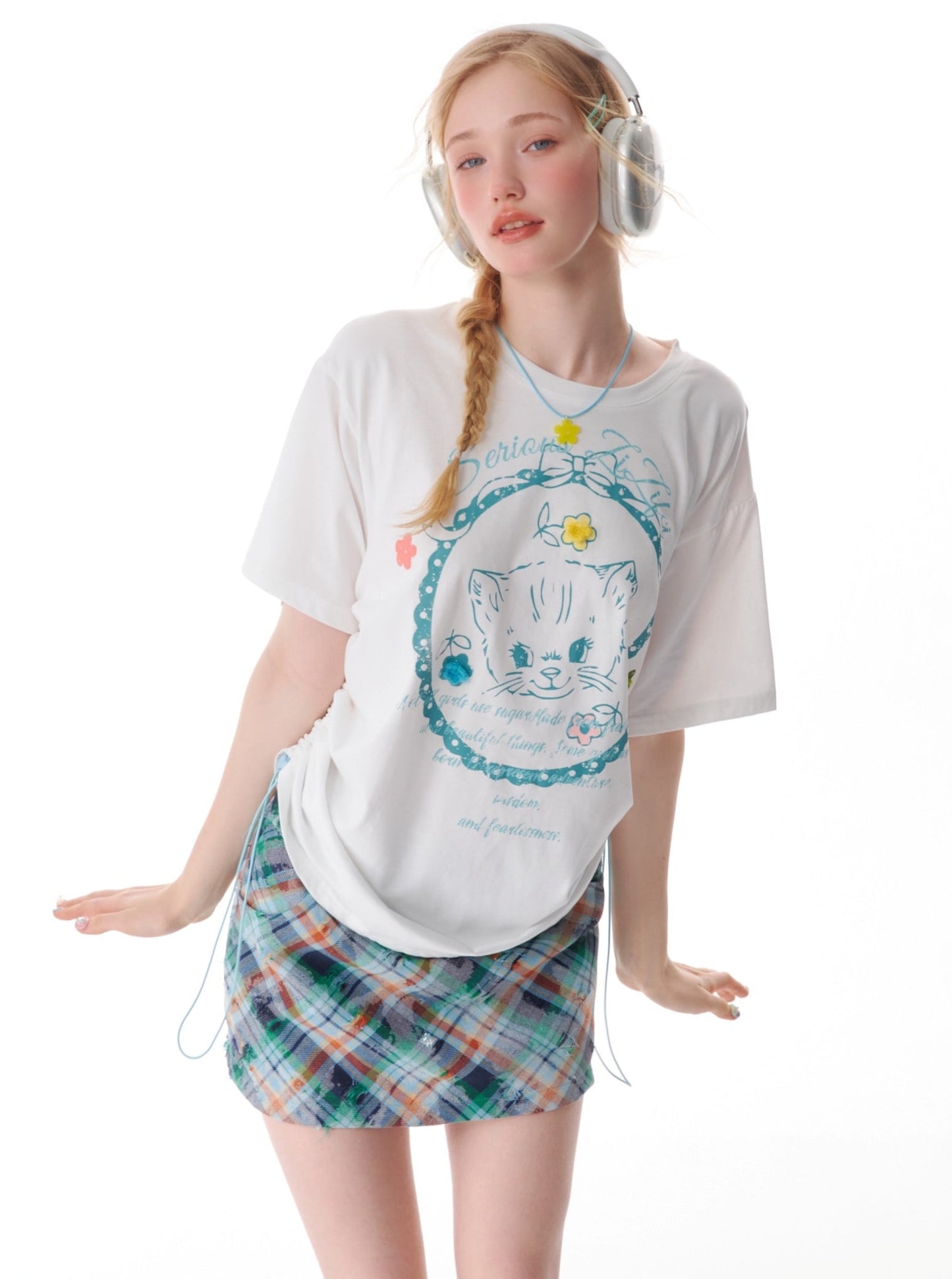 Loose Cat Print Drawstring T-Shirt