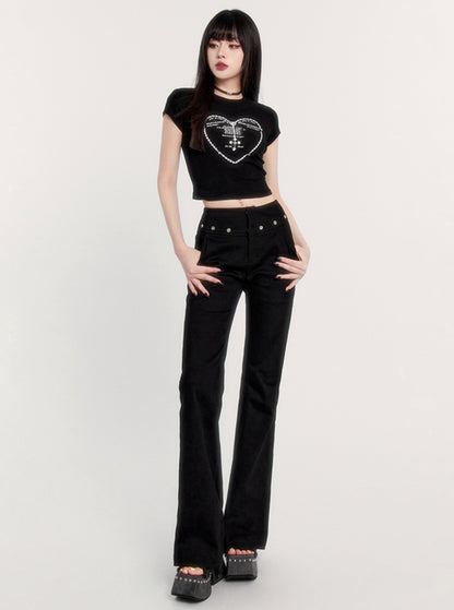 VOCK Sweet & Spicy Muse Micro Bullet Dark Rhinestone Heart Print T-Shirt Slim Shoulder Vielseitiges Kurzarm-Top Frauen