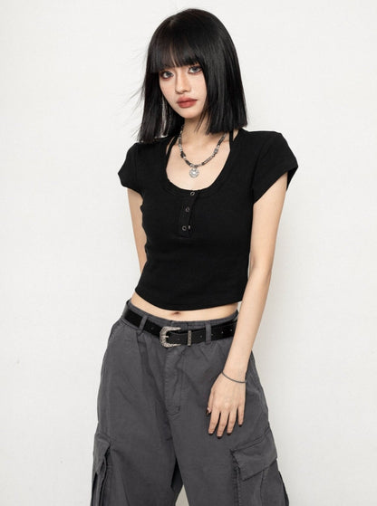 Black Shoulder Slim Short Sleeve T-Shirt