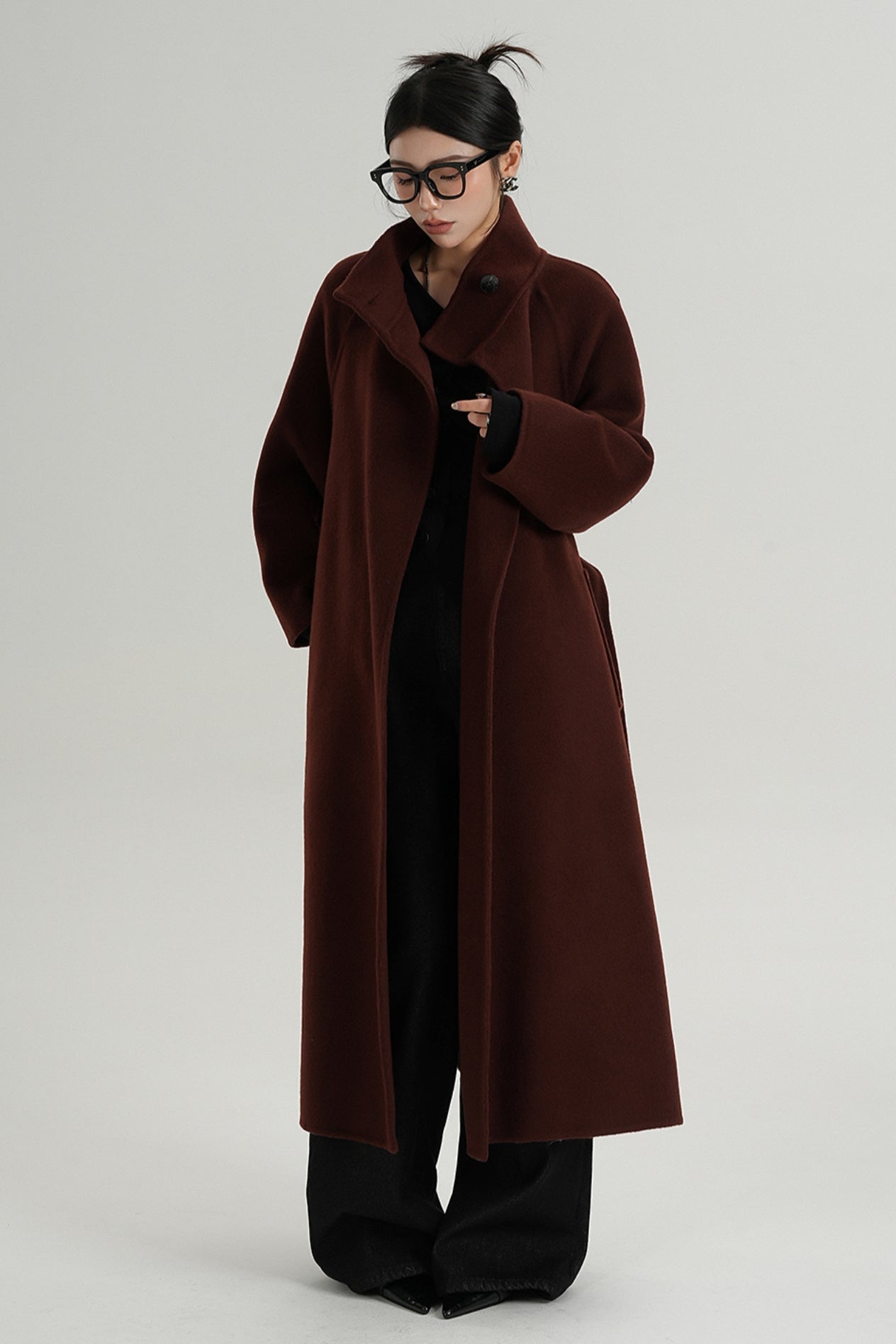 Red Long Stand-Up Collar Wool Coat