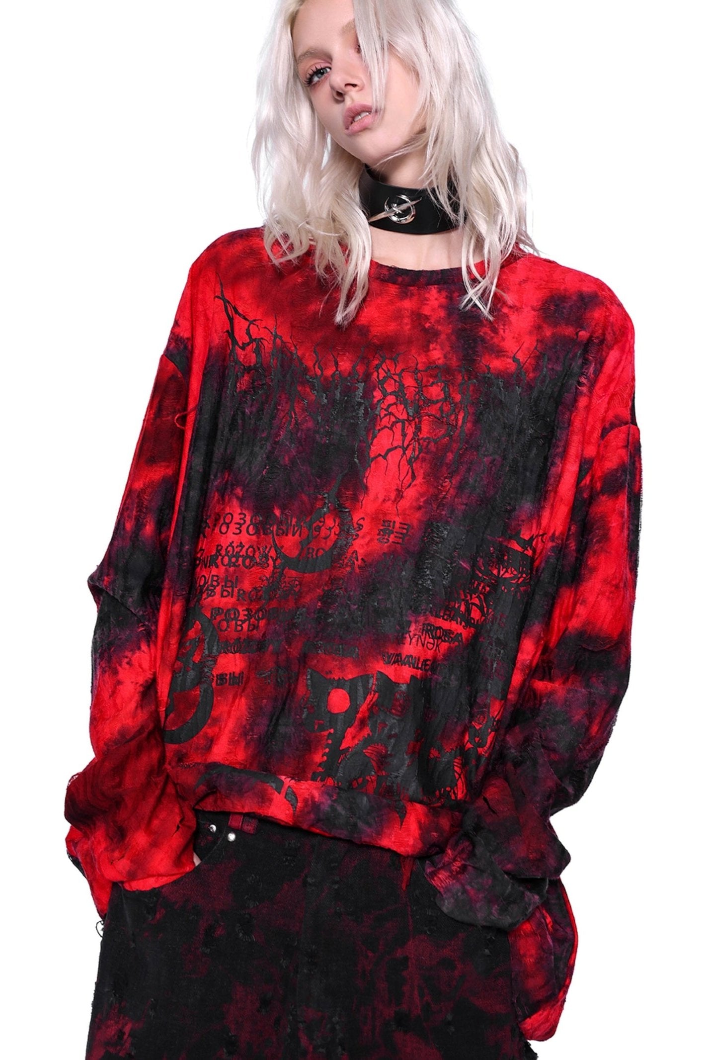 PINKSPINK|1111 NEW|ORIGINAL Electric Moon Dark Destruction Red & Black Tie-Dye Rock Punk Print Long T-Shirt