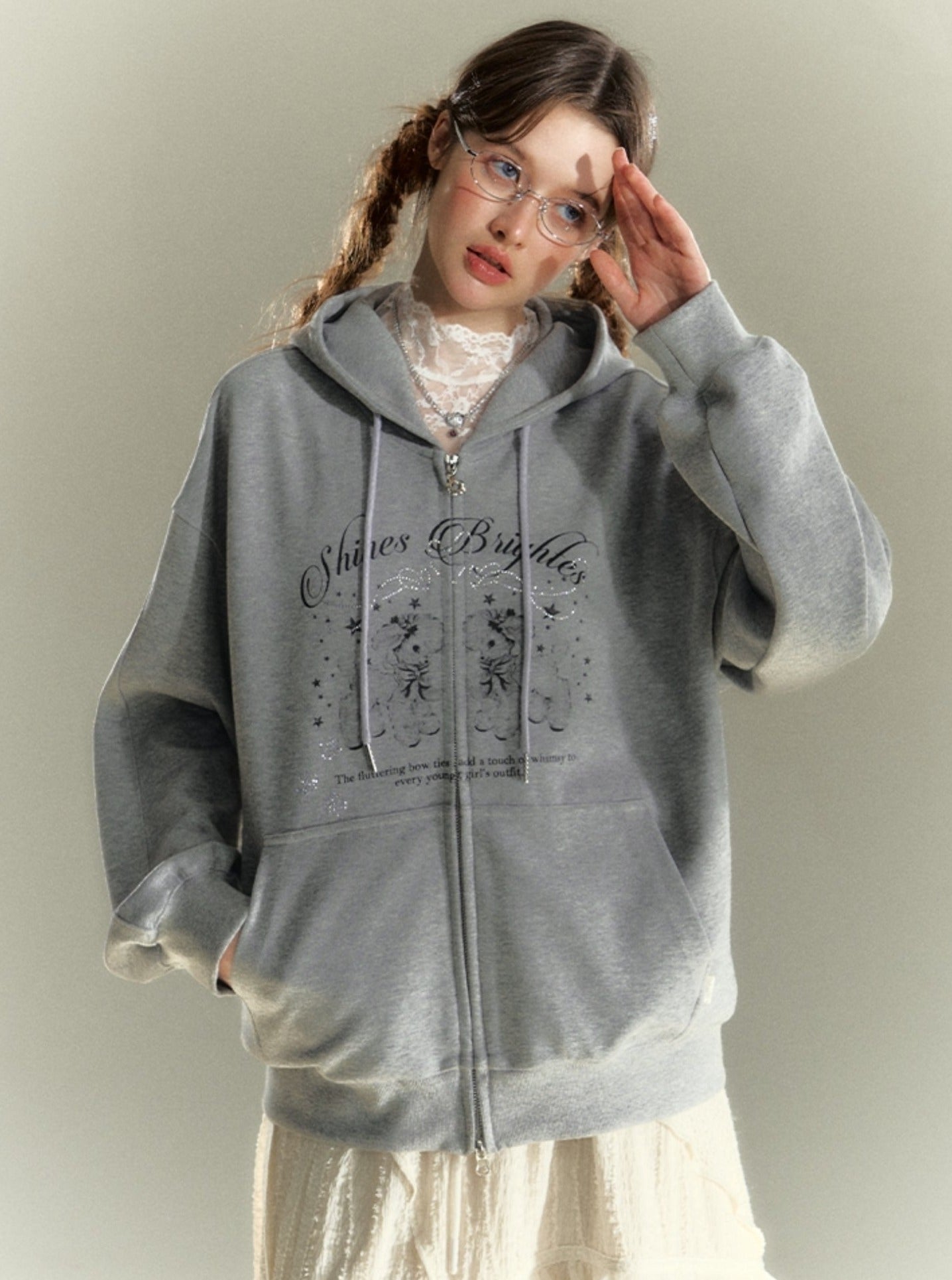 Grey Hooded Double Zipper Sweatshirt Coat