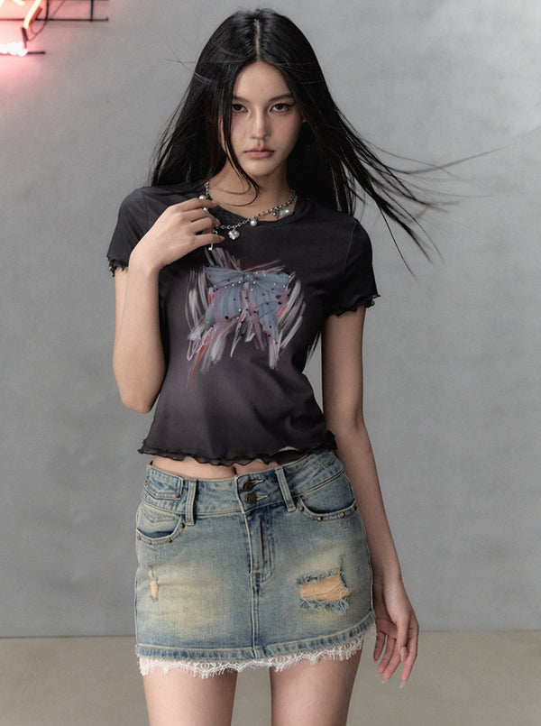 Bow Print Rolled Sleeve T-Shirt