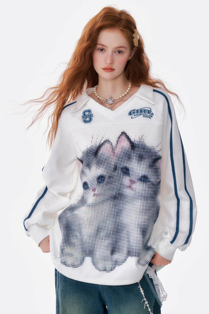 Cat Print Loose V-Neck Sweatshirt