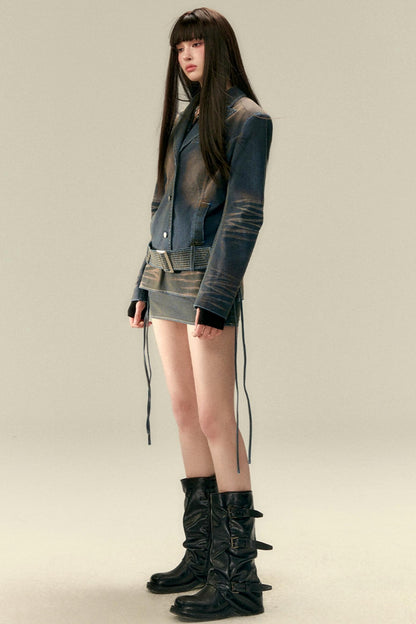Wide Belt Cinched Denim Casual Jacket Set-Up