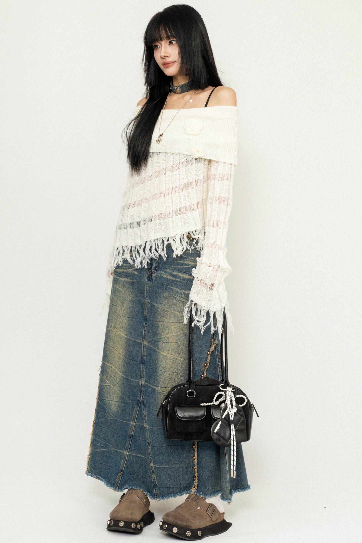 Off-Shoulder Tassel Knit Sweater