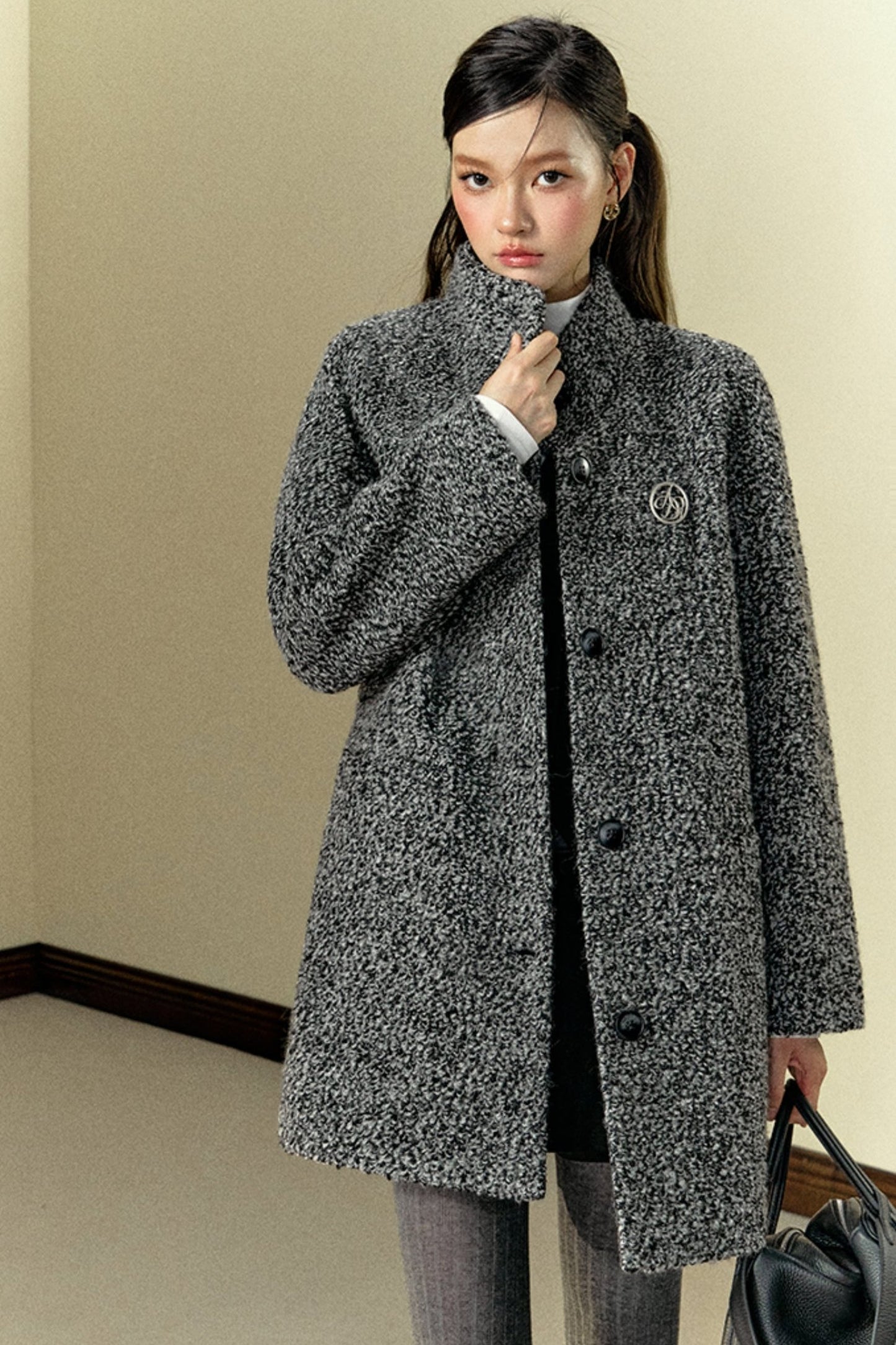 Mid-Length Woolen Stand-Collar Coat