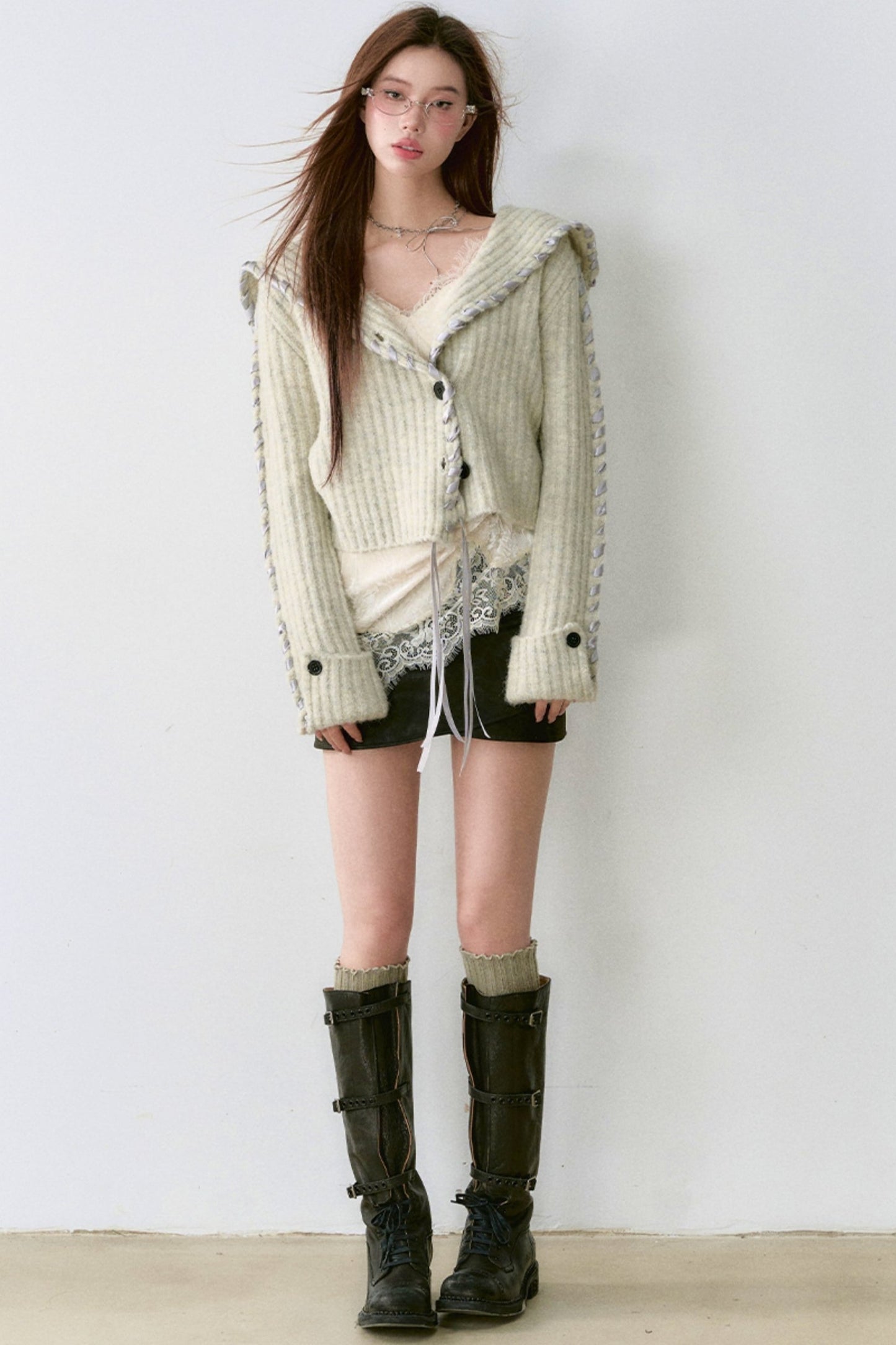 Lace Panel Sweater Jacket With Contrasting Knit Cardigan Vest