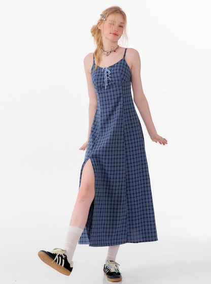 Blue Plaid Slit Strap Dress