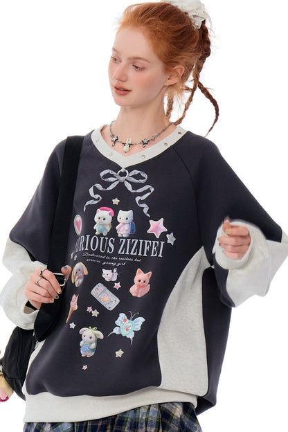 Sporty Loose Cute Print Sweatshirt