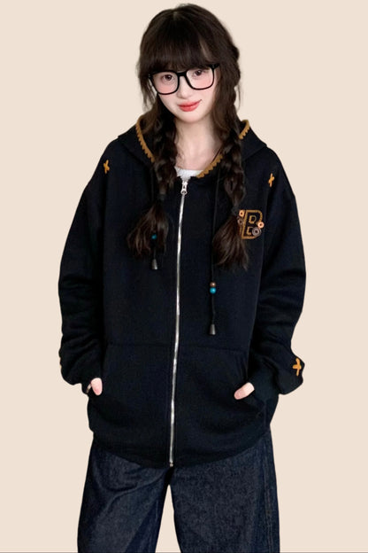 Ethnic Embroidered Loose Hoodie Coat