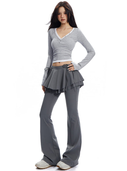 APEA New Balletcore Ruffle Tie Bow Stretch Slim Slightly Flared Skirt Pants Women