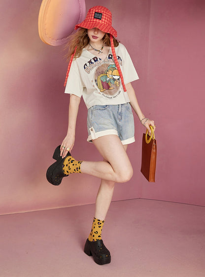 Retro Cartoon Print Short Sleeve Shirt