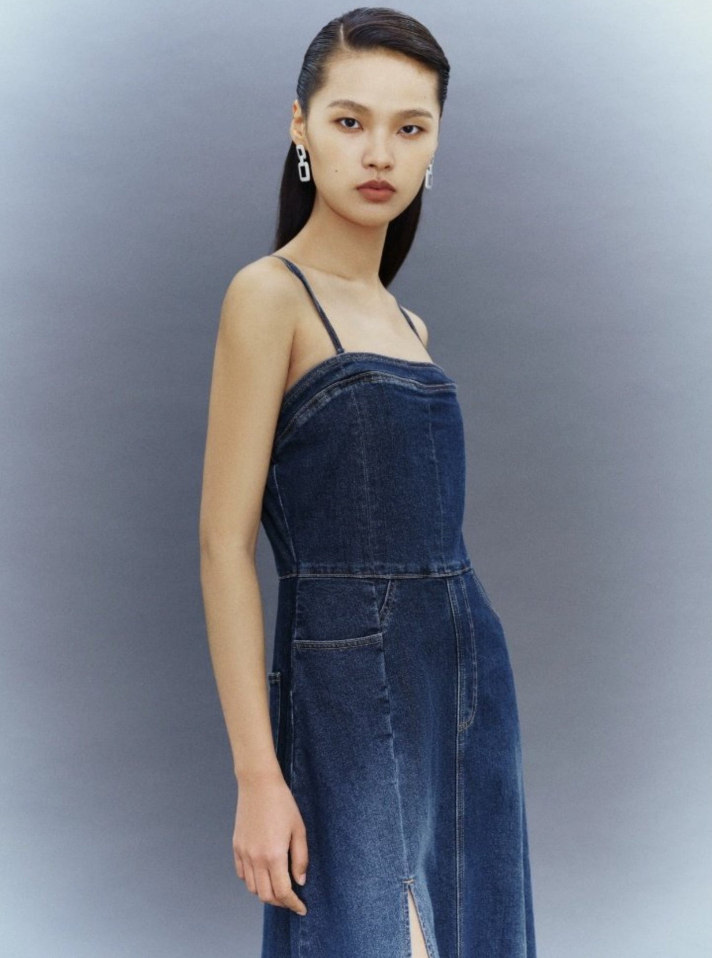 Straight Neck Slim Suspenders Slit Denim Dress