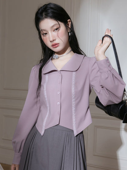 Doll Neck Waist Tie Purple Shirt