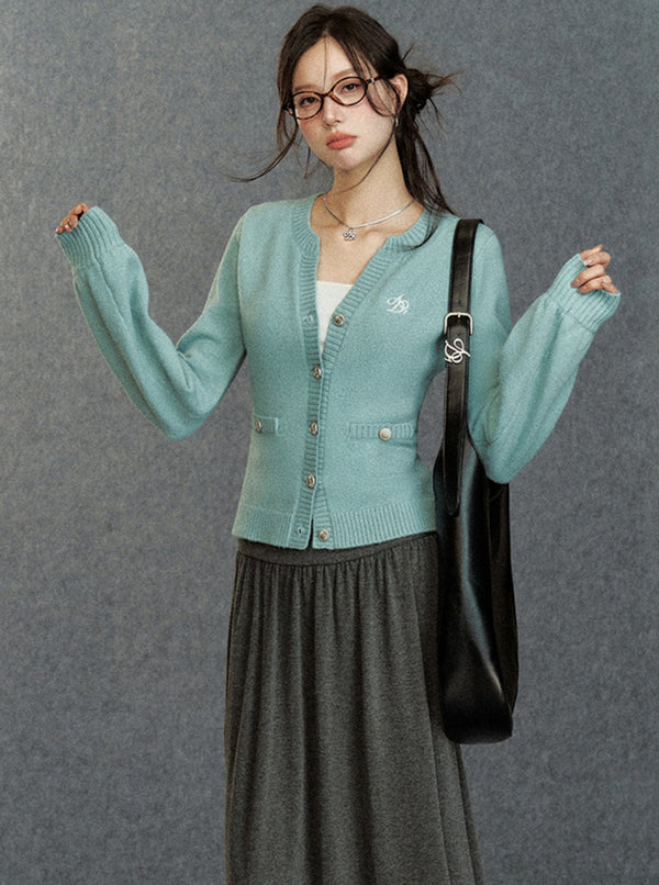 V-Neck Balloon Sleeve Knit Cropped Tops