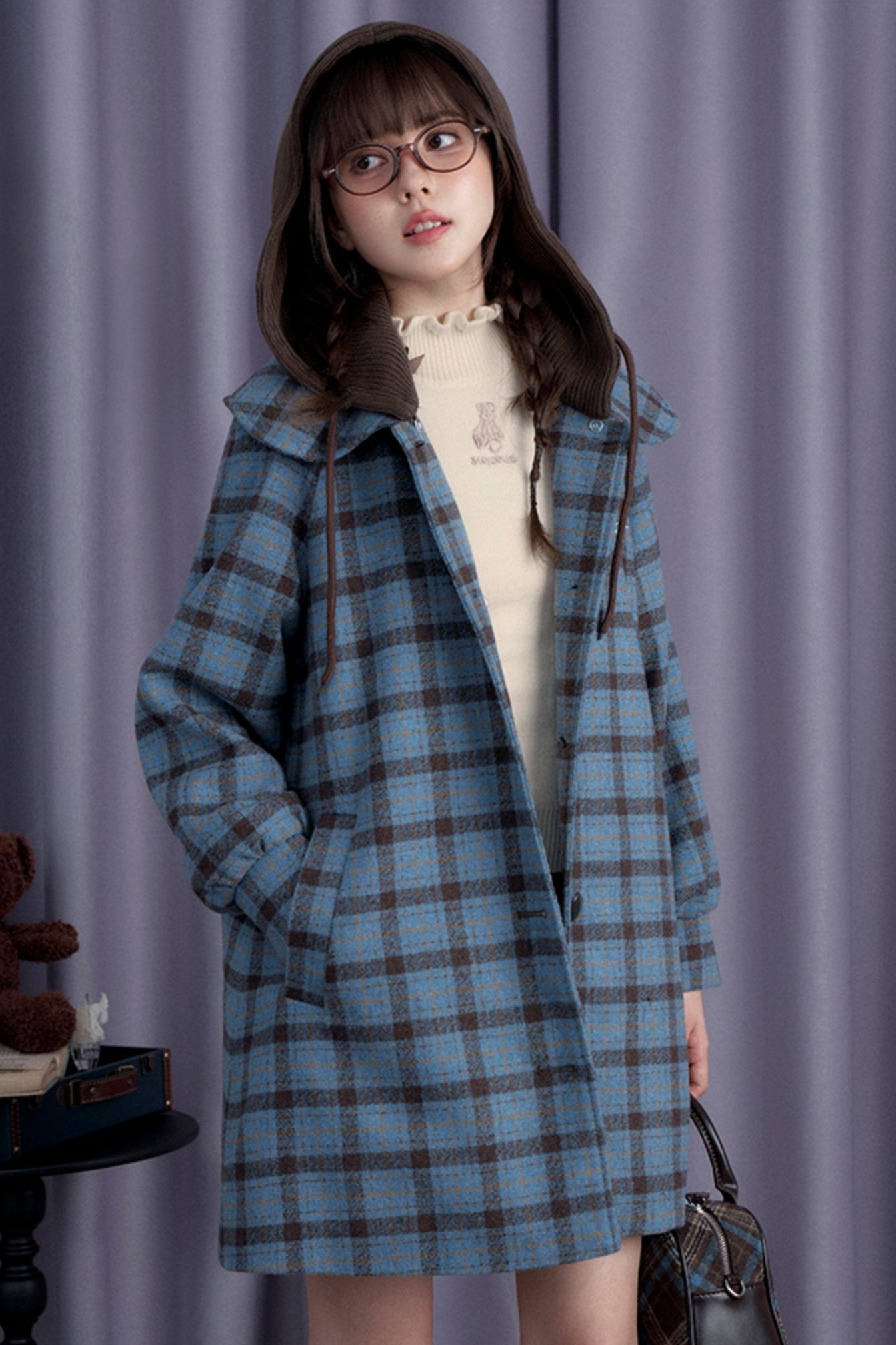 SagiDolls Girl's Fighting Spirit 30% Wool Tweed Cotton Sea Blue Milk Coffee College Style Cosmic Coat with Hood