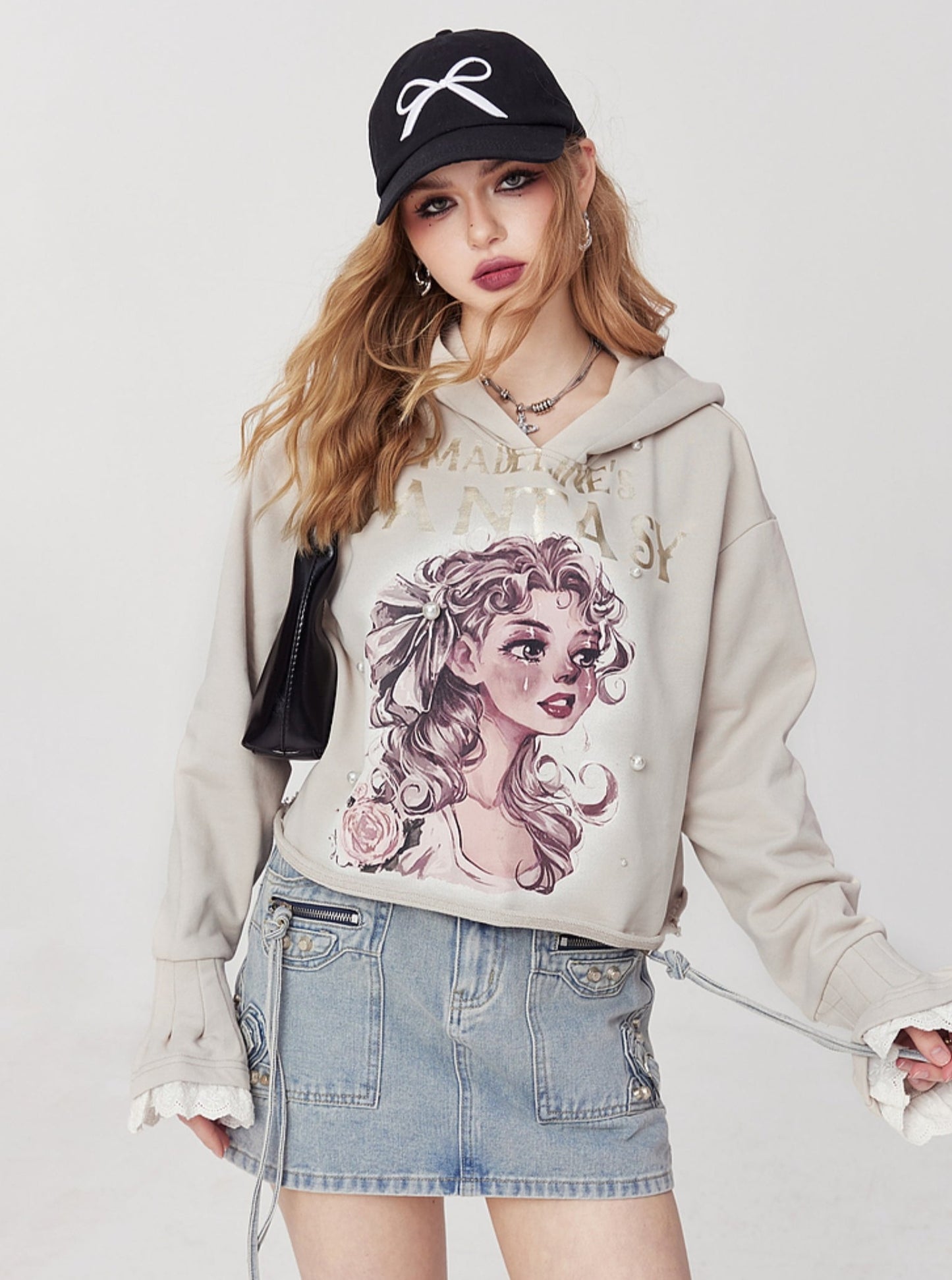 Stitching Print Black Hoodie Top