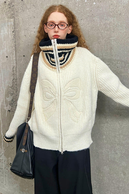 Soft Bow Turtleneck Cardigan