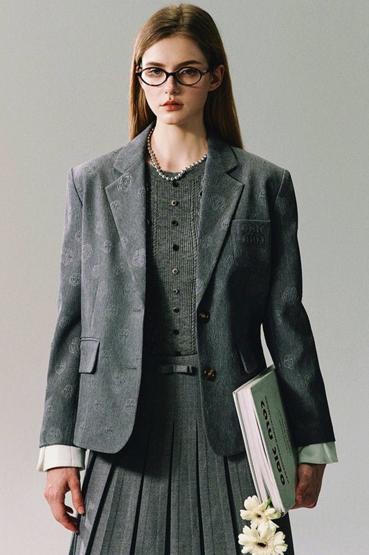 OAKMOO "Break Free Rose" embossed flower fishtail gray suit autumn coat preppy fake two-piece suit