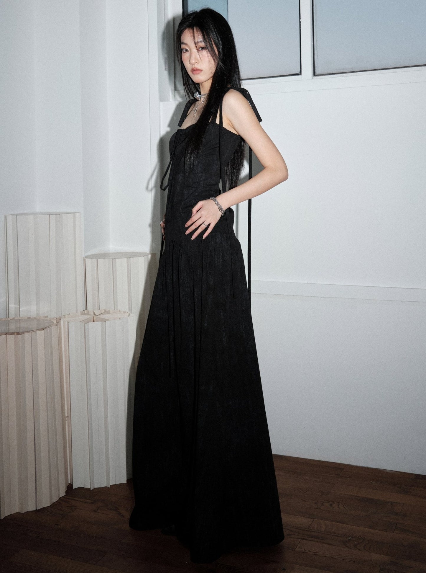 Dark Elegant Hollow Tie Maxi Dress