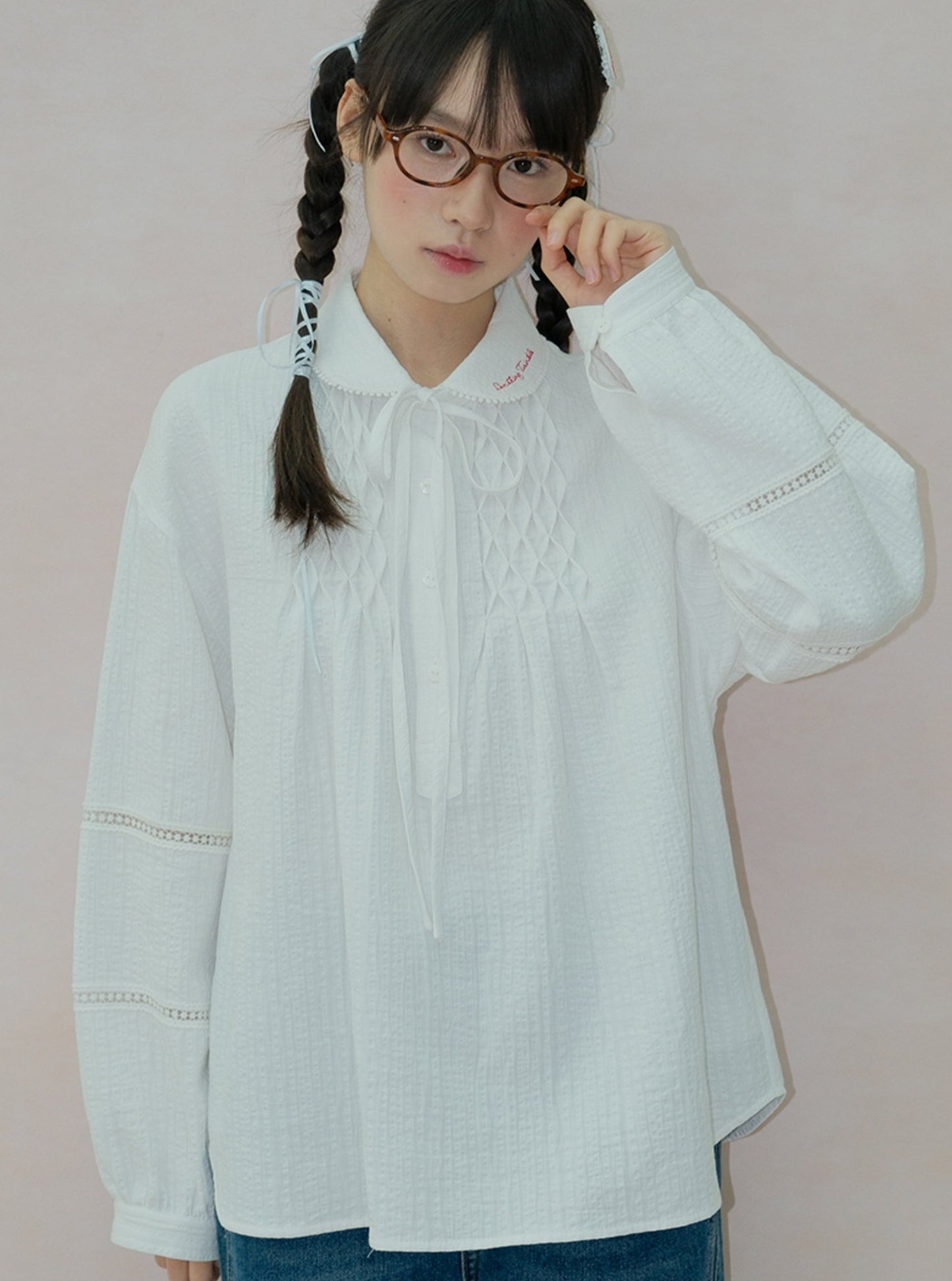 Bow Cutout Lace Patchwork Collar Shirt