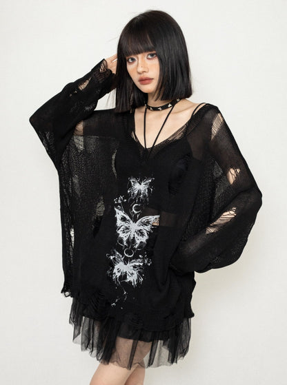 Mesh Cut-Out Butterfly Sweater Top