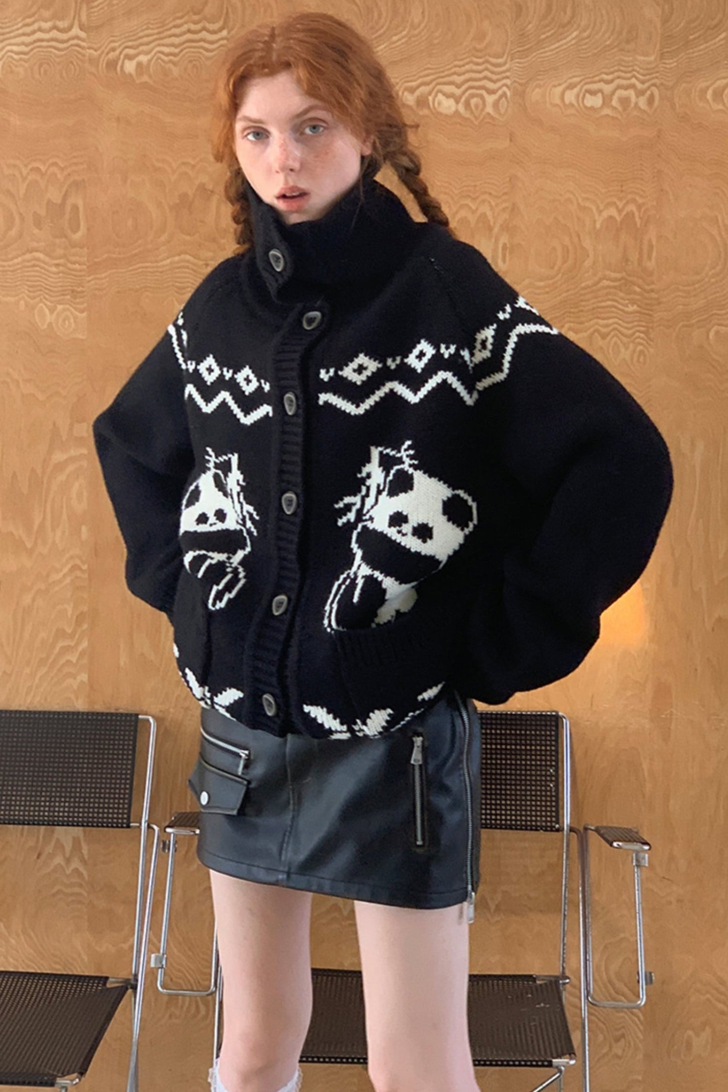 Fun Girly Panda Contrast Vintage Knit Jacket