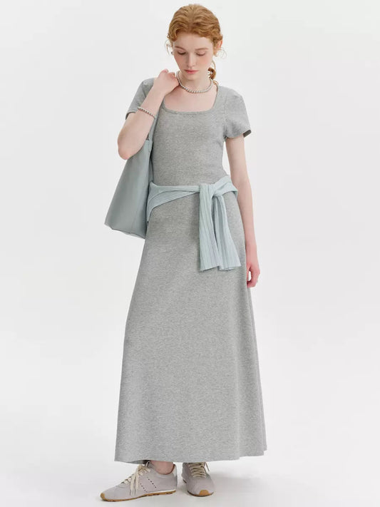 DESIGNER PLUS Grey Square Neck Short Sleeve Dress 2024 Pure Lust Temperament Waist Long A-Line Skirt