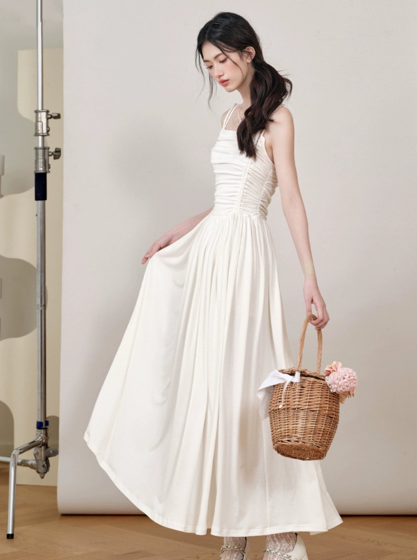 High-Waisted Pleated Long Dress