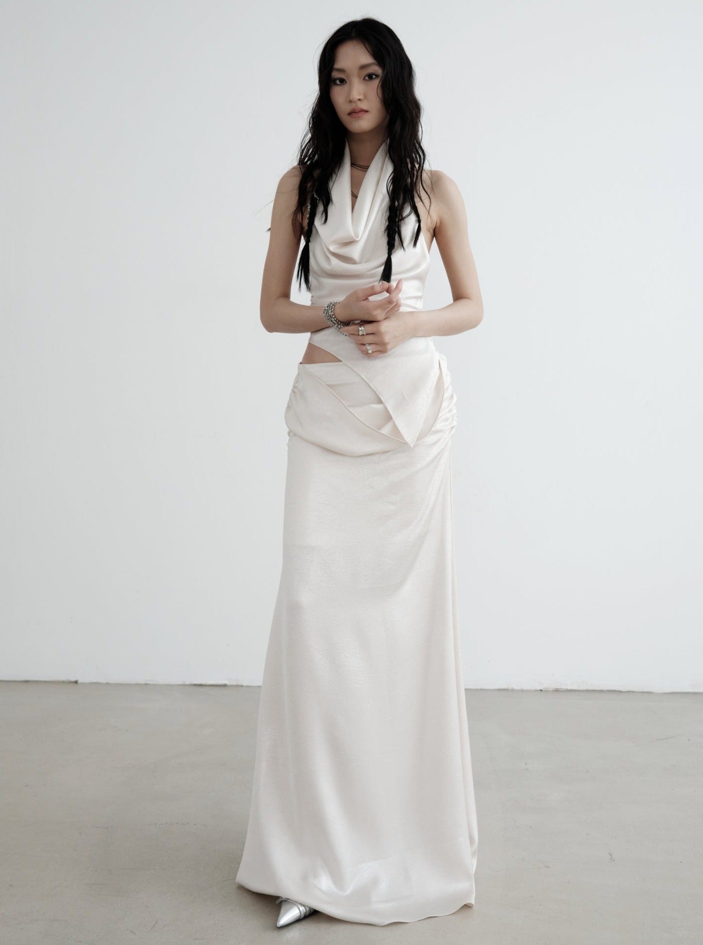 White Two-Piece Draped Vest Maxi Dress Set