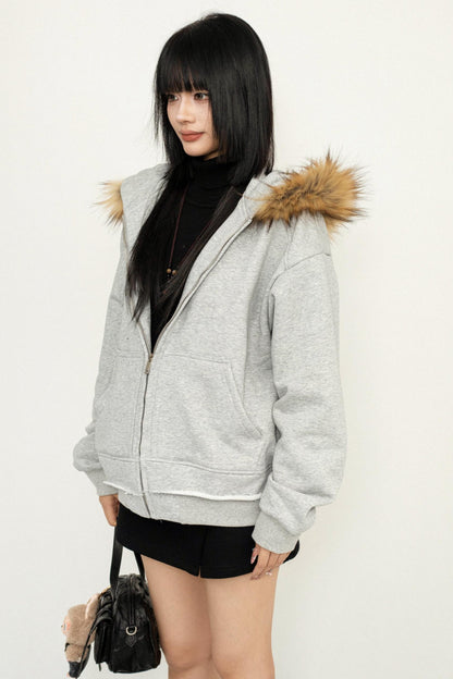 Hooded Plush Zip Cardigan Jacket