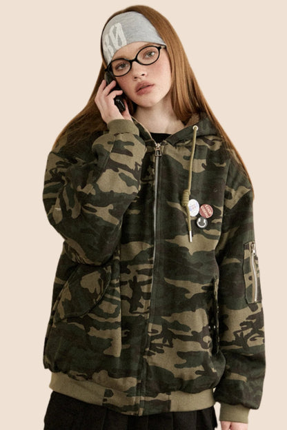 EZEK American Retro Lambswool Pile Thickened Camouflage Hooded Cotton Suit Women's Autumn and Winter Loose bf Cargo Jacket Tide