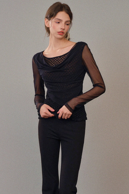 Black Temperament Mesh Long Sleeve Top