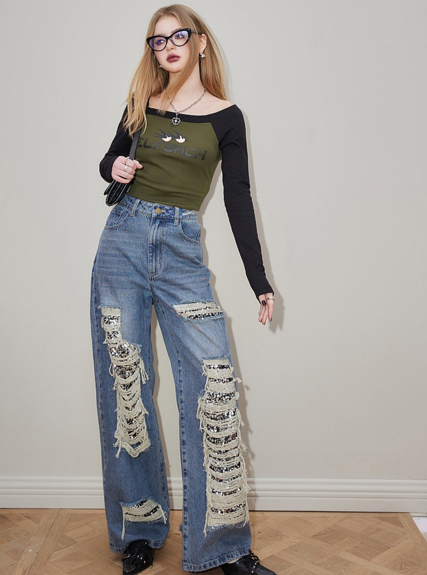 Straight Sequin Stitched Trousers