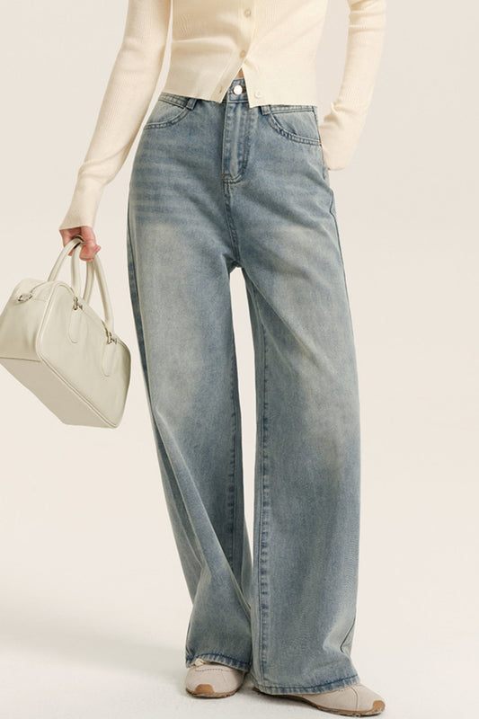 DESIGNER PLUS LIGHT-COLORED WASHED ABRASION WHITE JEANS DESIGN SCRATCH HIGH WAIST DRAPE STRAIGHT WIDE-LEG PANTS