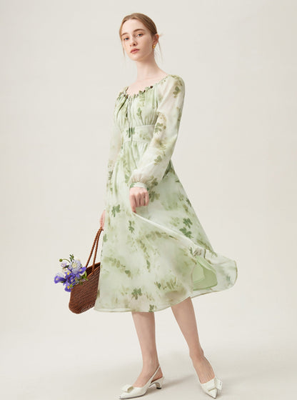 French Temperament Mint Floral Dress