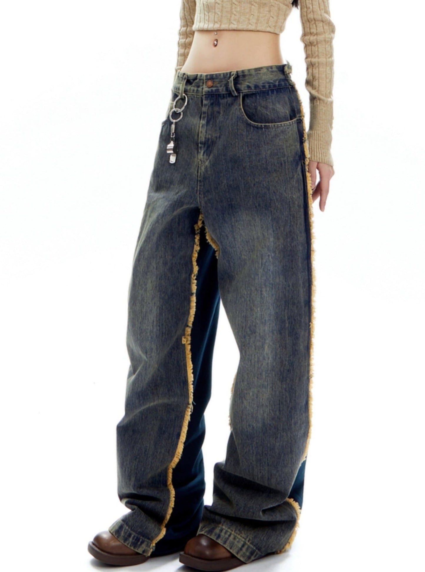 American Retro Cat Straight Stitched Pants