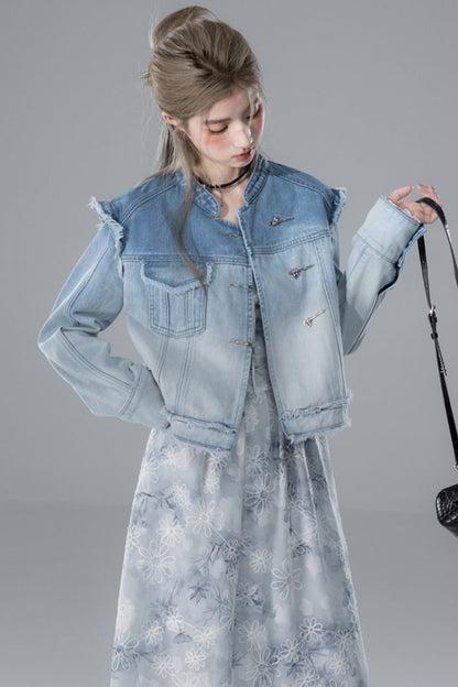 COTRE Dip-Dye Farbverlauf Star Blue Moon White kleiner Stehkragen dekonstruierte Denim-Jacke